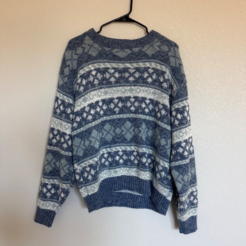Vintage Jantzen Blue Fair Isle Knit Sweater USA Large Crewneck Fall Winter Cozy